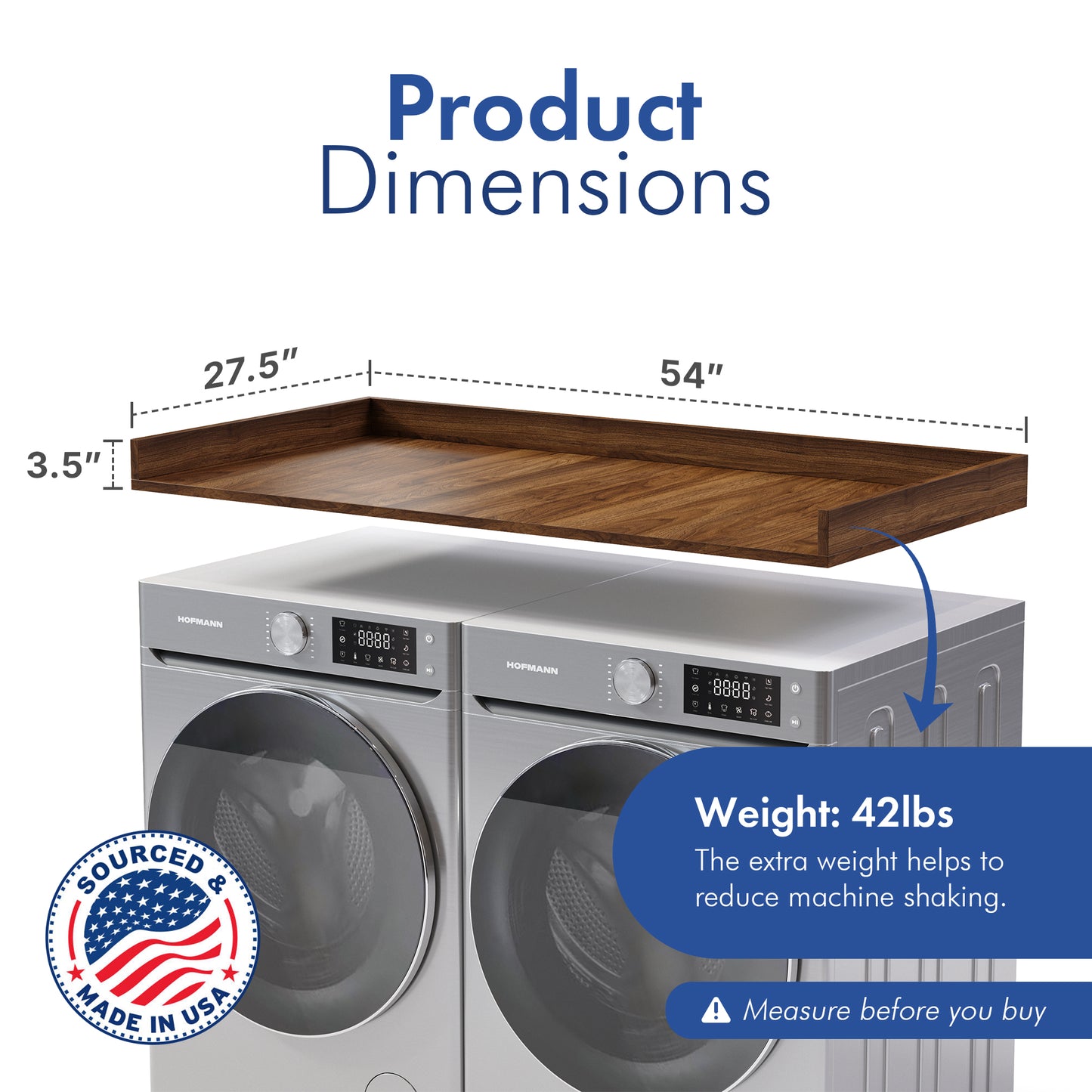 Washer and Dryer Countertop 27.5 x 54 - Made in USA - California Walnut