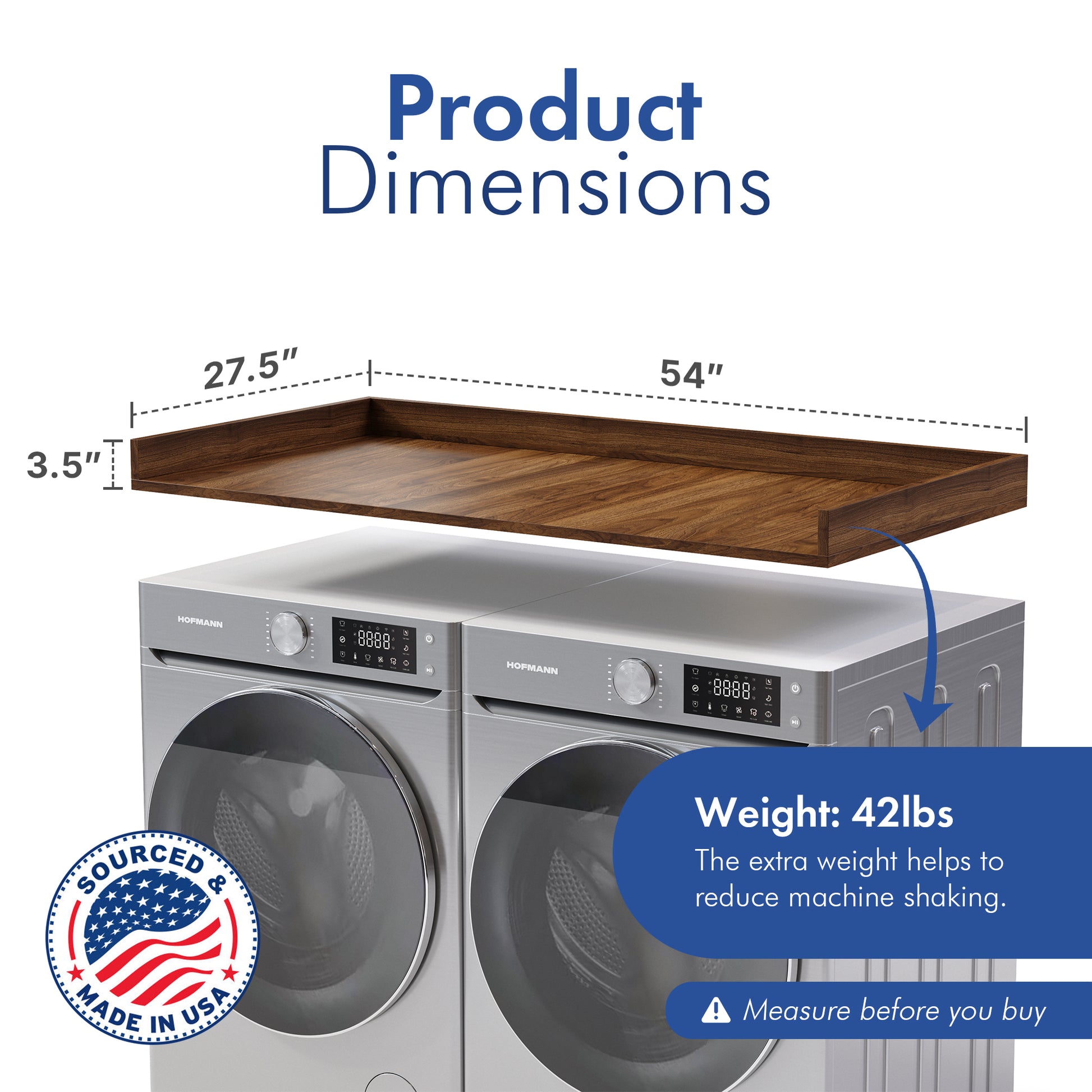 Washer and Dryer Countertop 27.5 x 54 - Made in USA - California Walnut