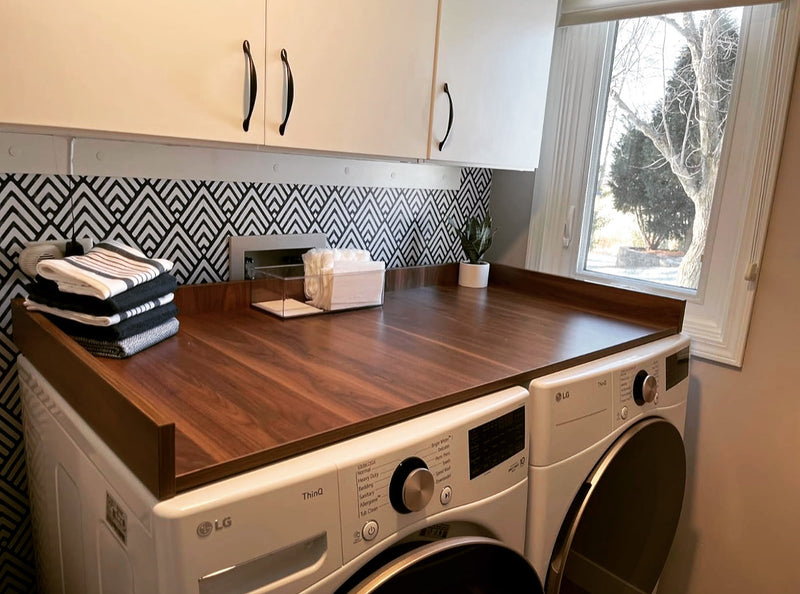 Detergent and supplies stored on the countertop