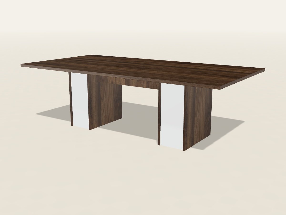 California Walnut laminate conference table on panel bases with Glacier White side panels, seen low from the side