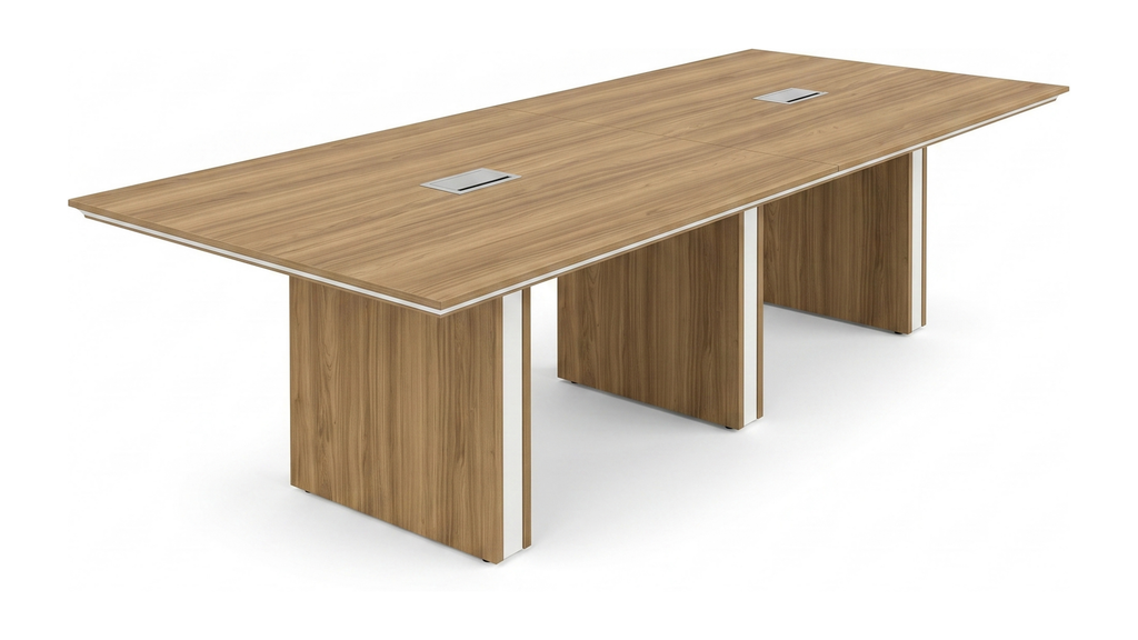 10 ft conference table with three-section panel base and two-piece HPL top