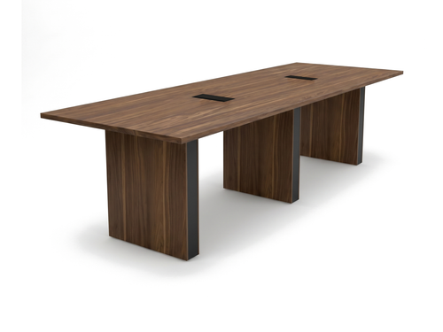 12 person conference table in California Walnut with three panel legs and two closed power grommets