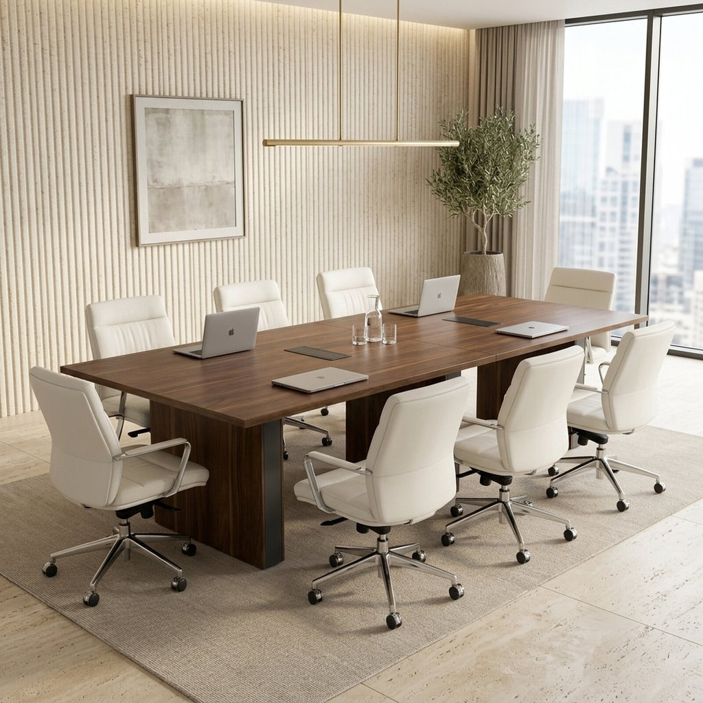 Rectangular conference table in walnut with recessed power grommets, set with laptops and white leather chairs in a boardroom