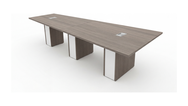 Tapered conference table, 12 ft sightline top narrowing from 60 to 36 inches deep, three-pedestal base