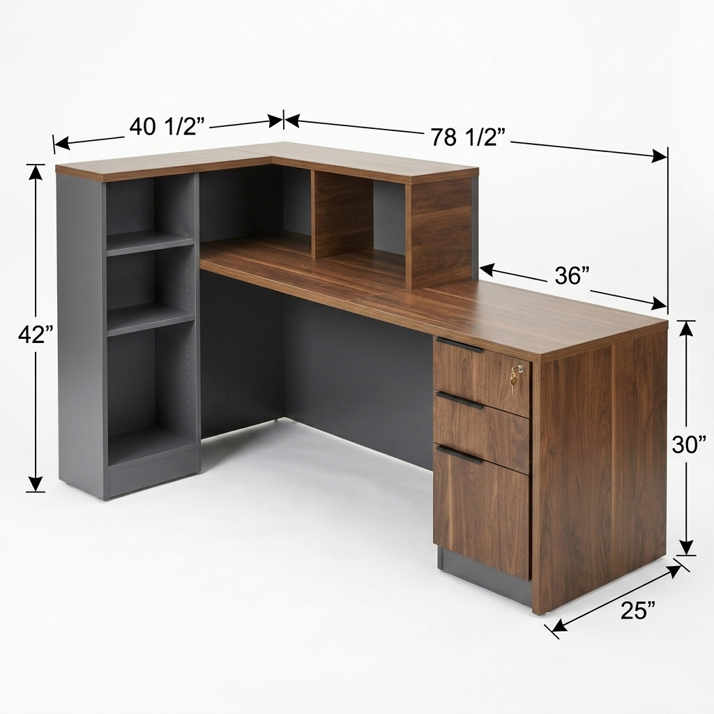 L-Shaped Reception Desk with Counter and Lockable Drawers dimensions