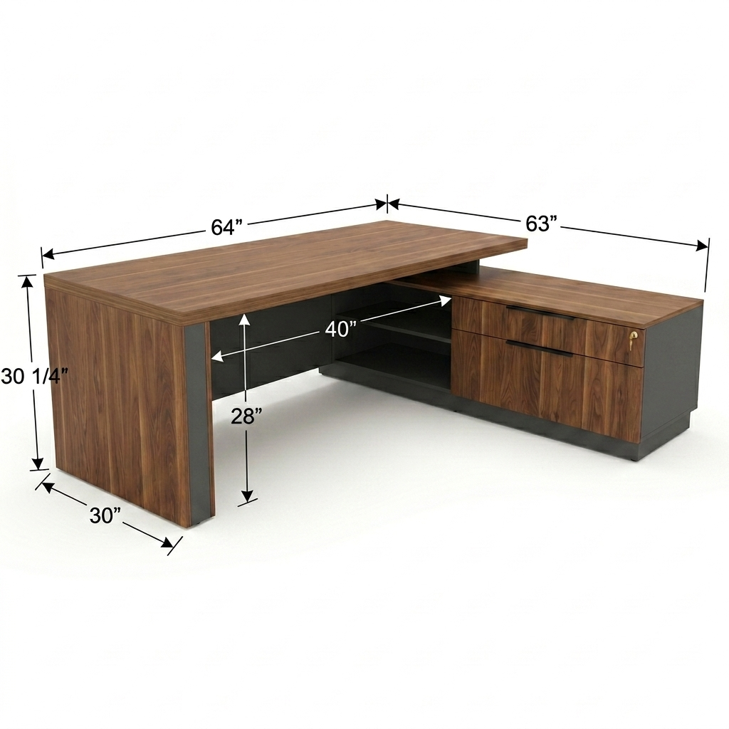 L-Shaped Executive Desk with Lockable Drawers 64in dimensions