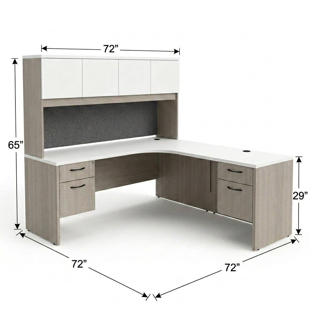 Convergence L-Shape Executive Desk with Hutch and Tackboard dimensions