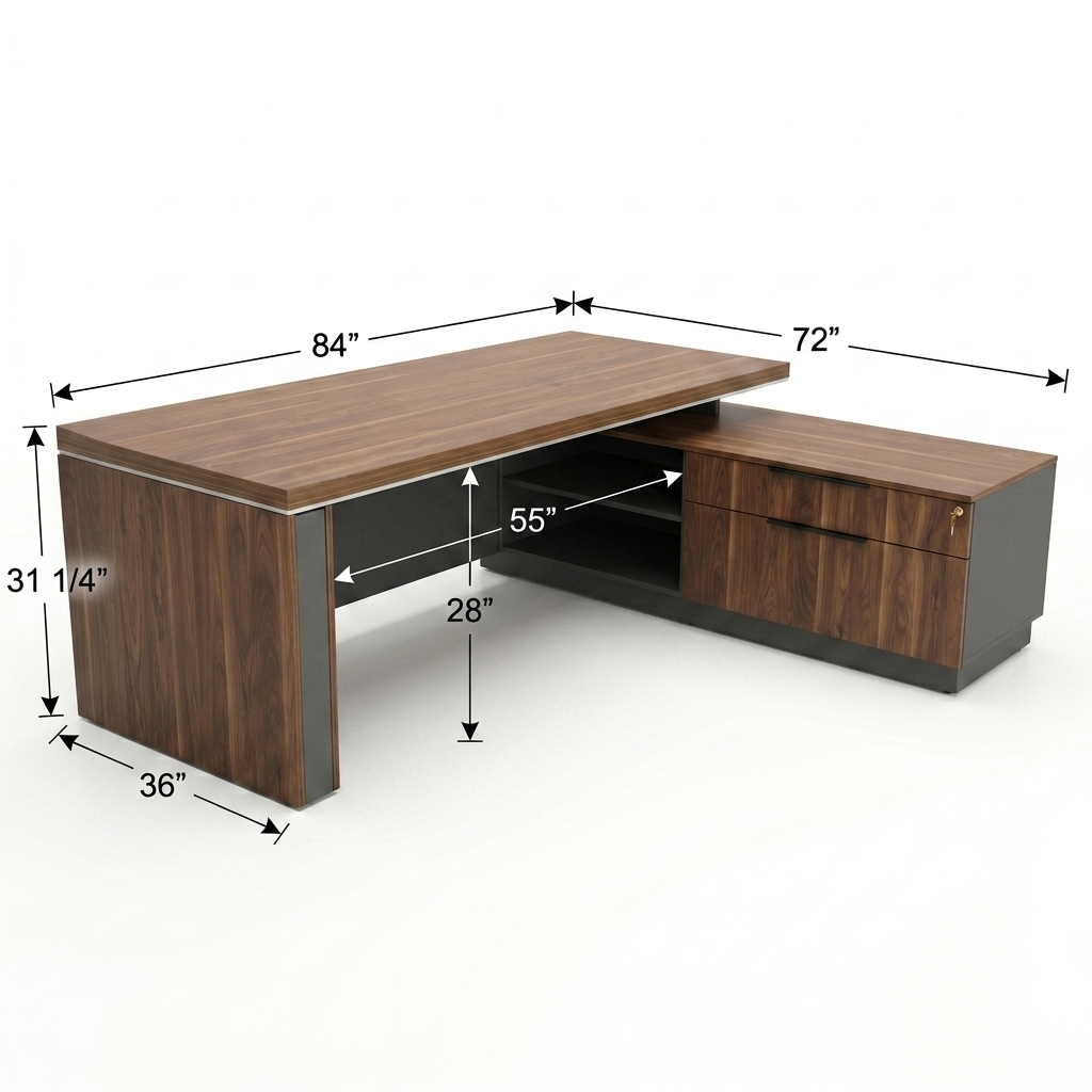 L-Shaped Executive Desk with Lockable Drawers 84in dimensions