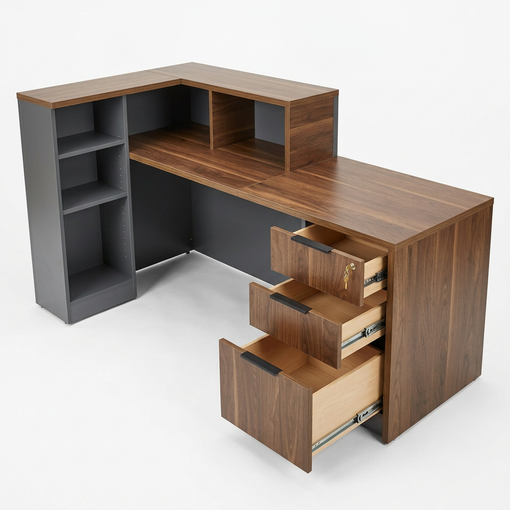 L-Shaped Reception Desk with Counter and Lockable Drawers hover