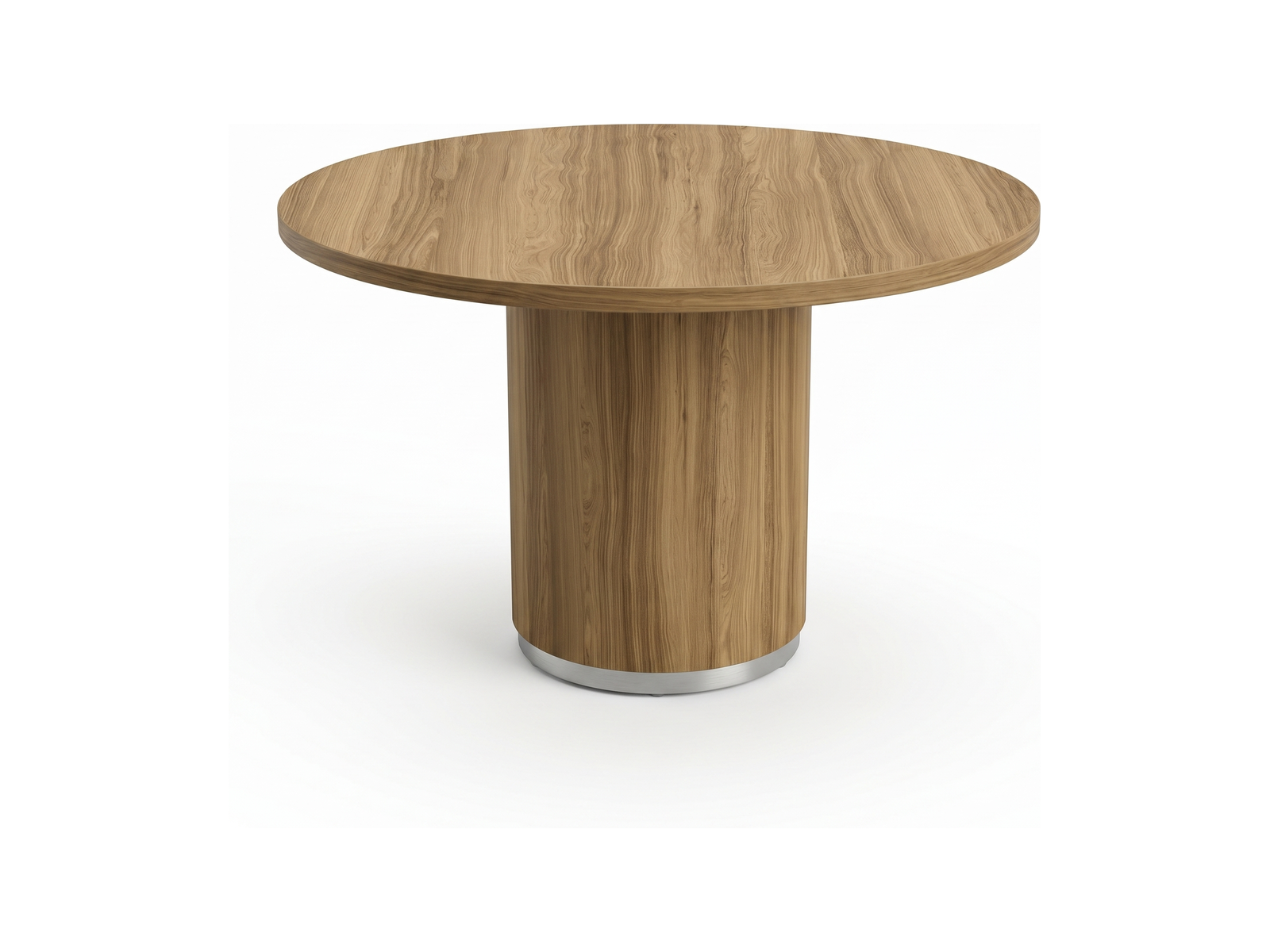 48 inch round table in warm teak with cylinder drum base and steel trim ring