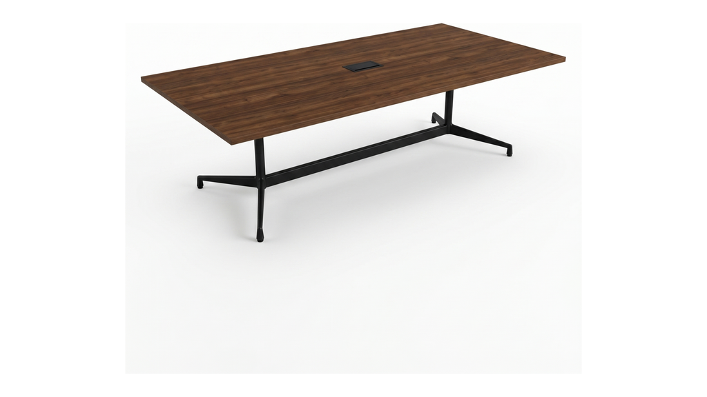 8 ft wood conference table with black trestle base and built-in power module