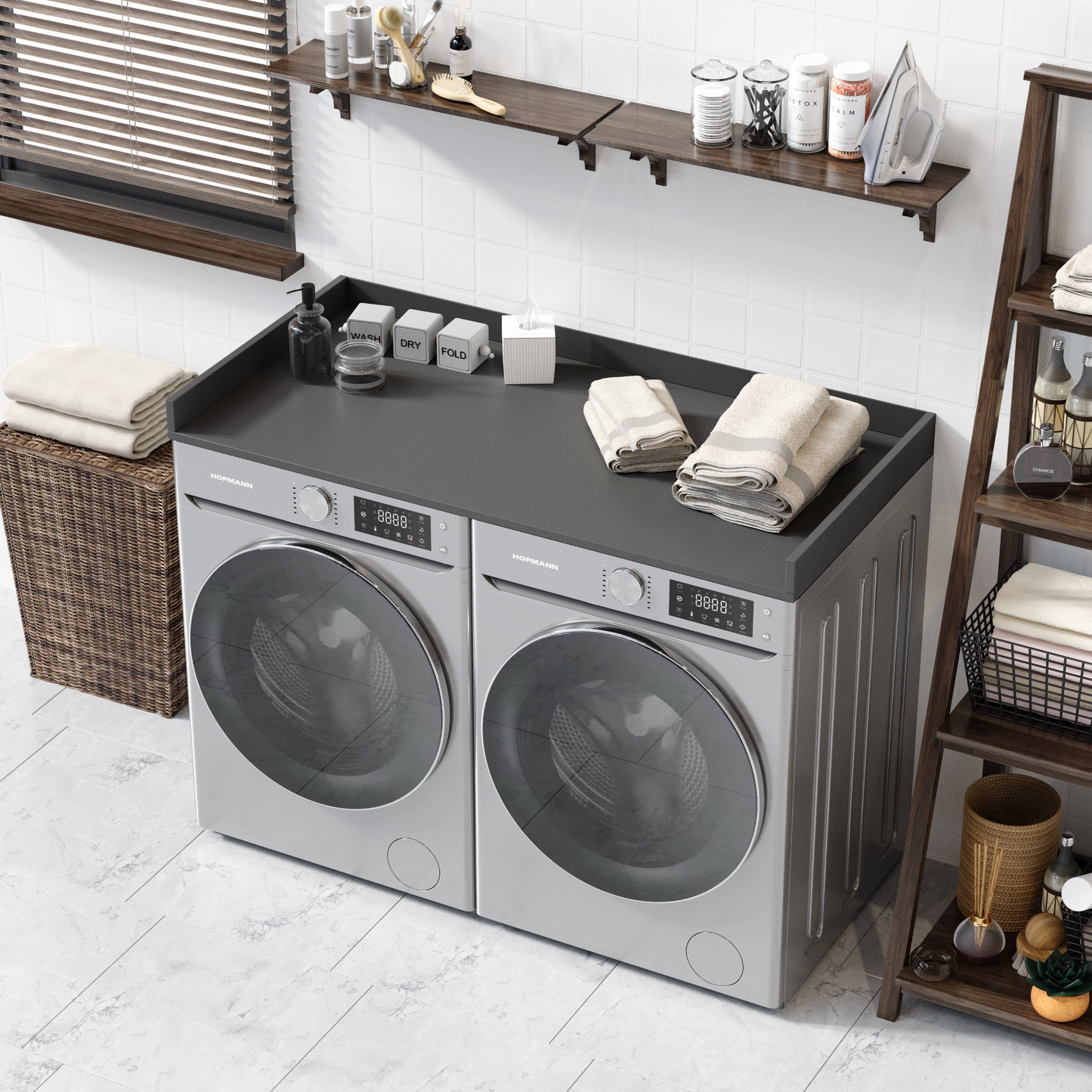 Gray washer dryer countertop high view