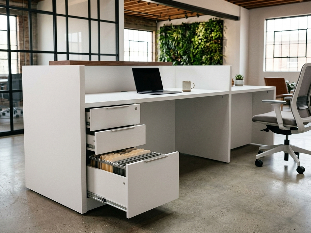 Overture ADA compliant reception desk in white with walnut ledge, box-file drawers open