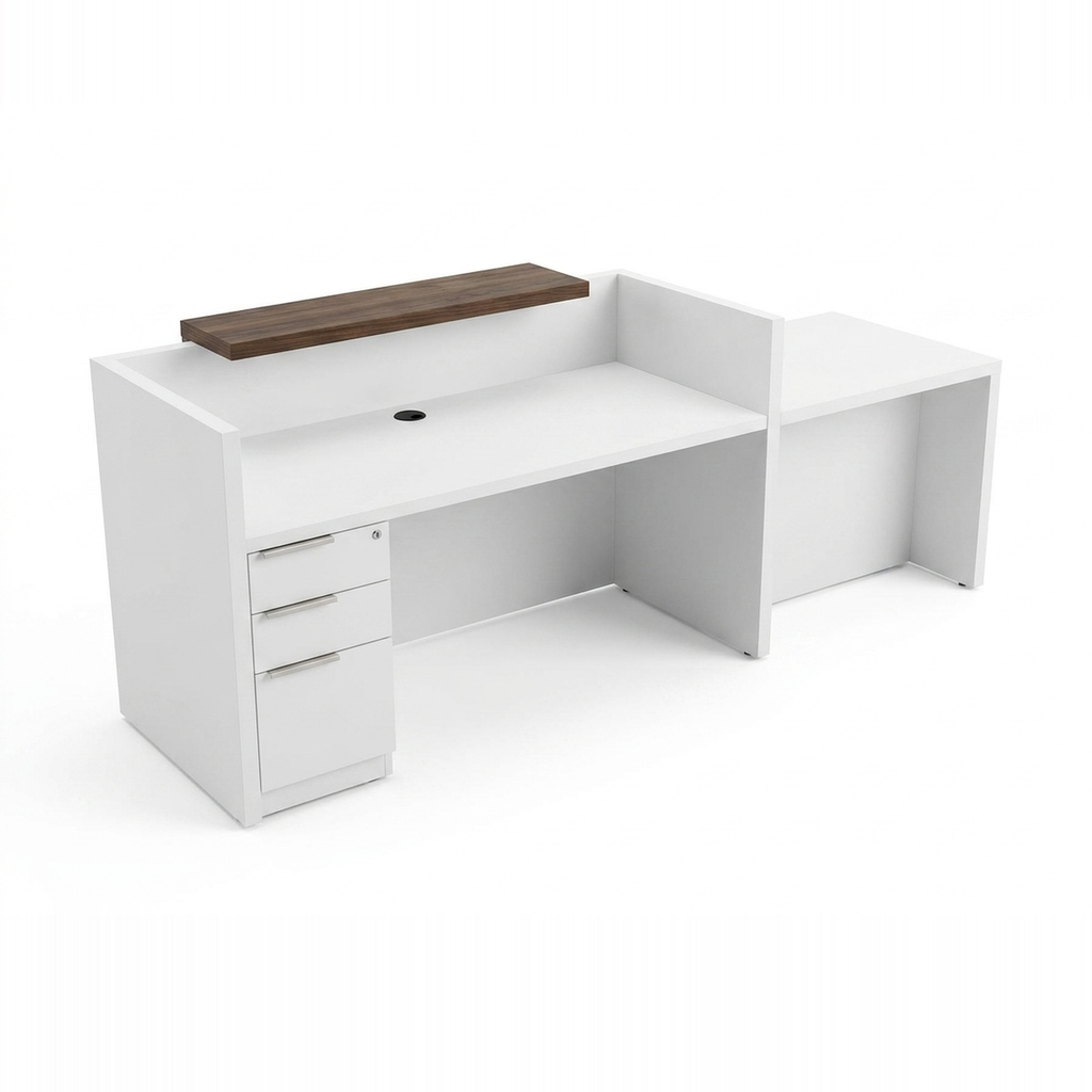 Overture ADA compliant reception desk, front angle showing walnut ledge and three-drawer pedestal
