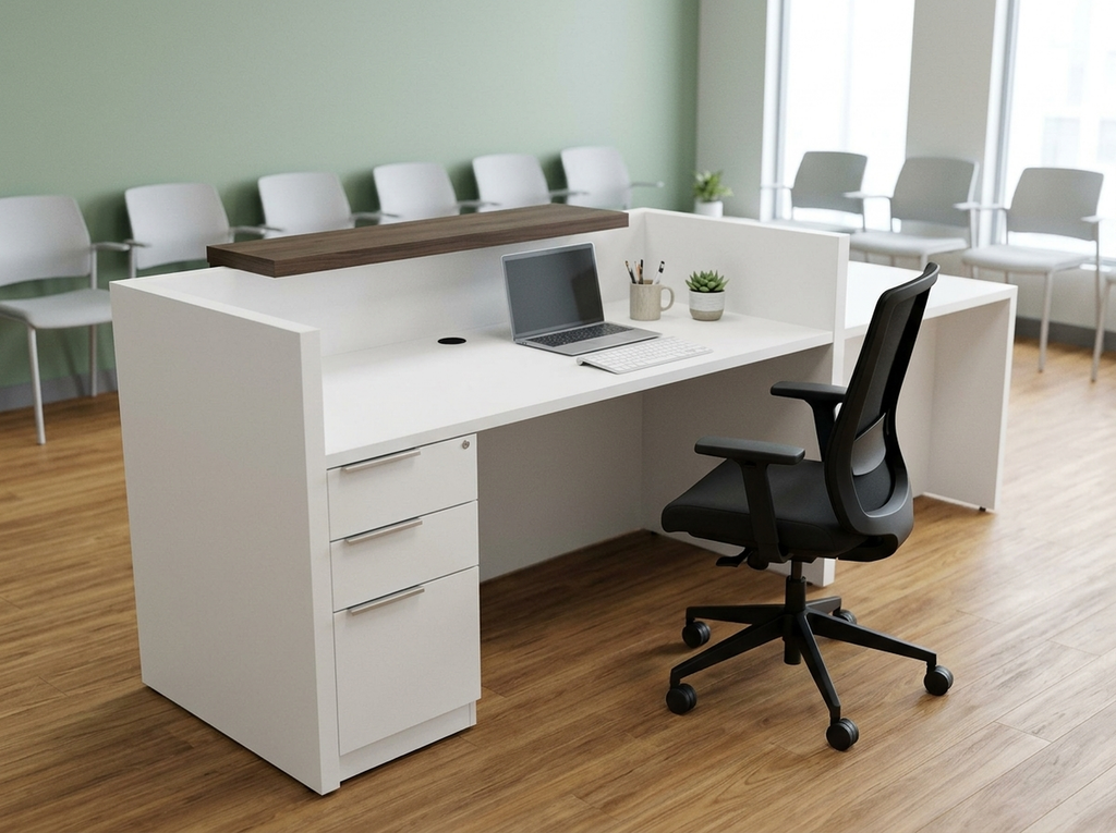 White ADA reception desk with walnut transaction ledge in a medical clinic waiting area