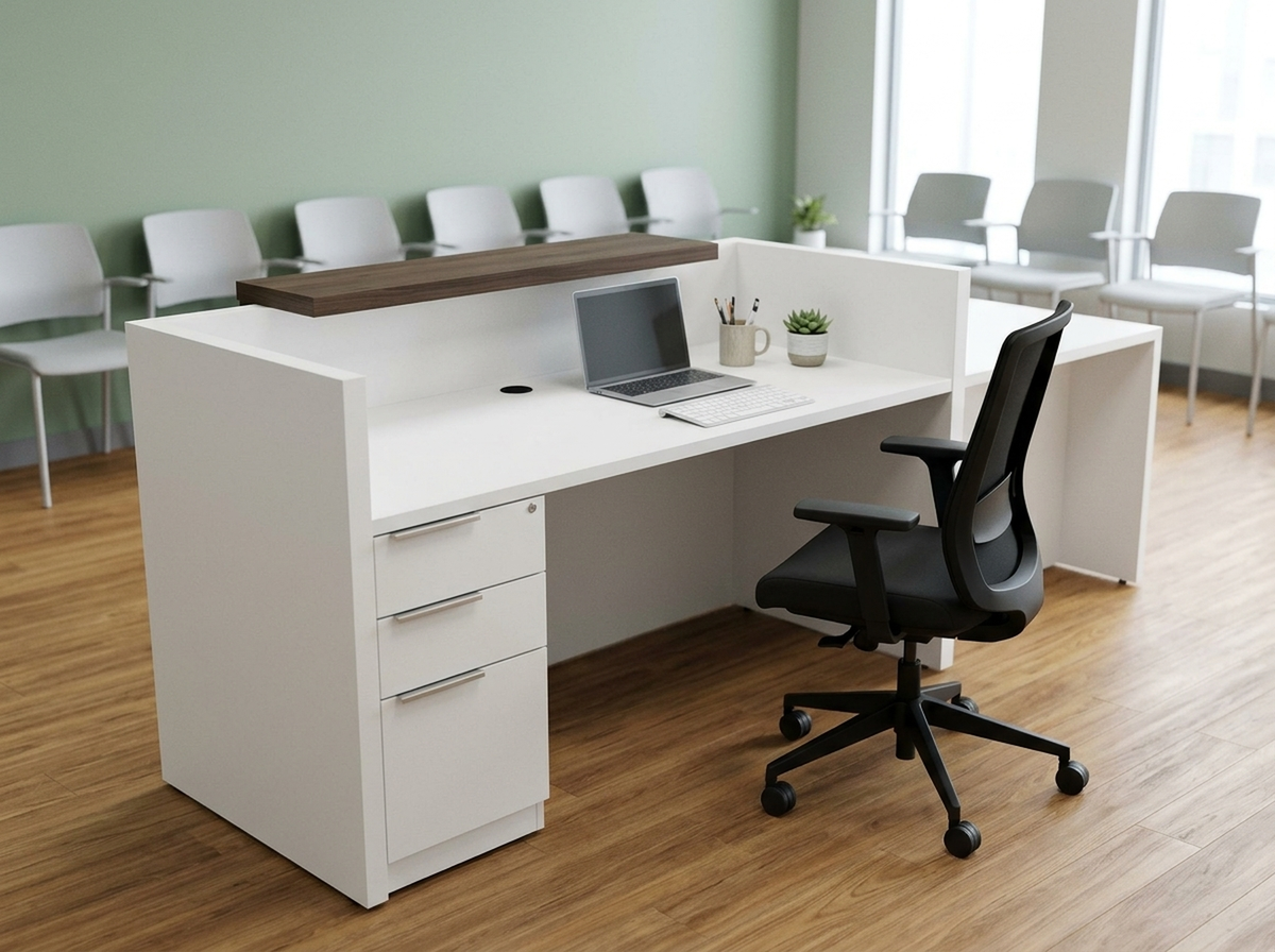 White ADA reception desk with walnut transaction ledge in a medical clinic waiting area