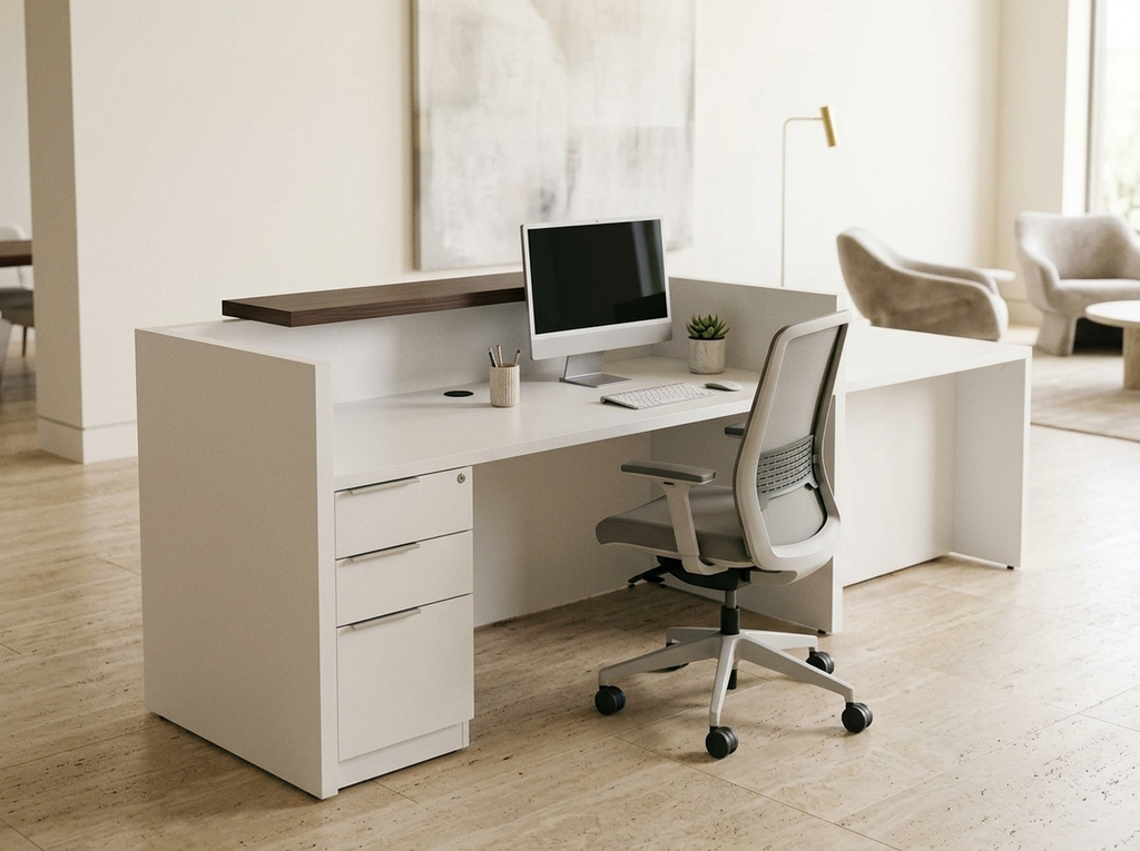 ADA compliant reception desk in white laminate beside a bright showroom lounge