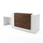 ADA compliant reception desk in white with walnut counter panel and lowered accessible return