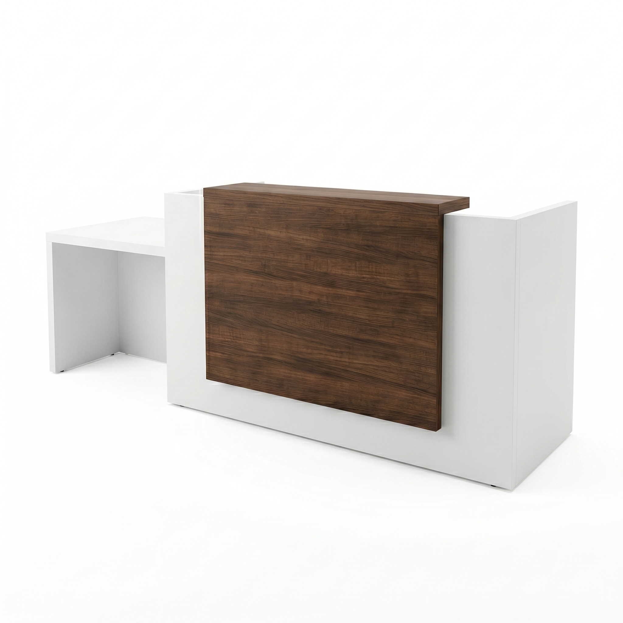 ADA compliant reception desk in white with walnut counter panel and lowered accessible return