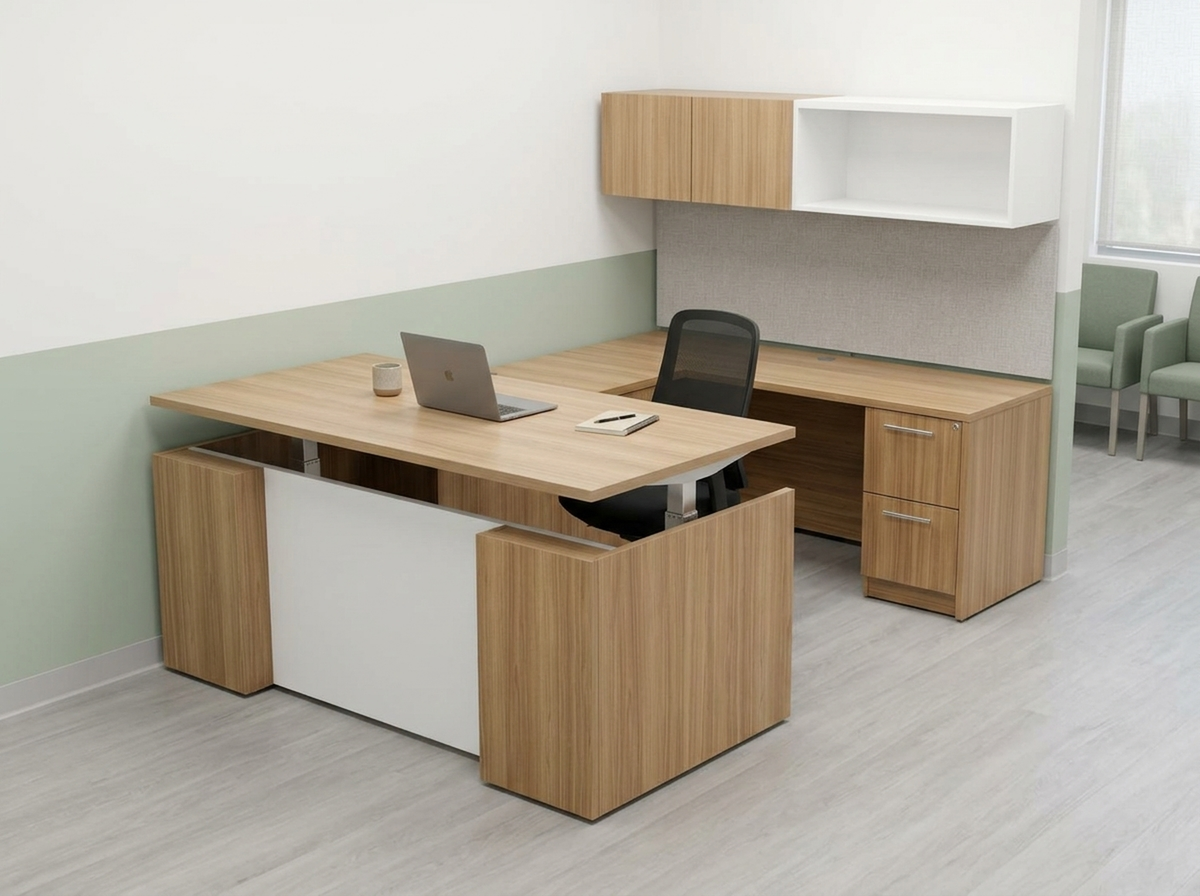 Ascend U-shape executive workstation in light woodgrain with overhead hutch and sage accent wall