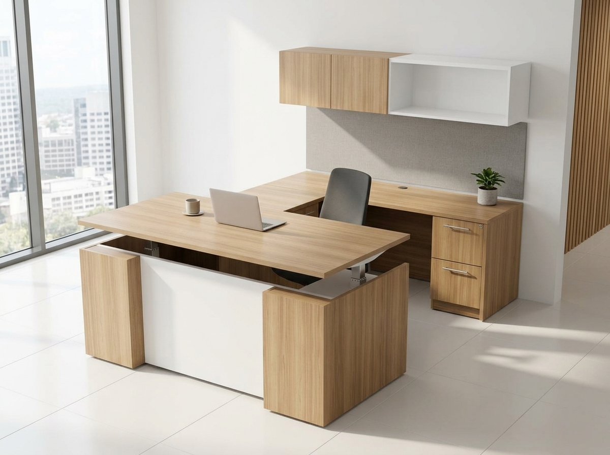 Ascend U-shape height-adjustable executive desk raised to standing height in a corporate office