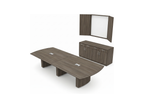 144 inch bow end conference table with credenza and wall mounted presentation cabinet