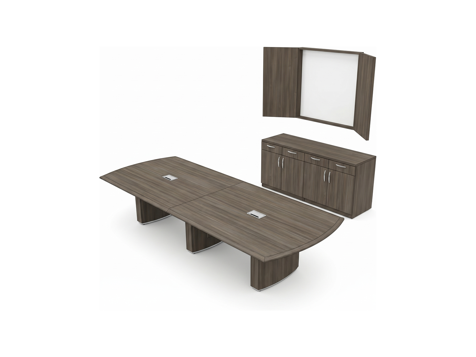 Bow end conference table with credenza and wall mounted presentation cabinet in gray acajou
