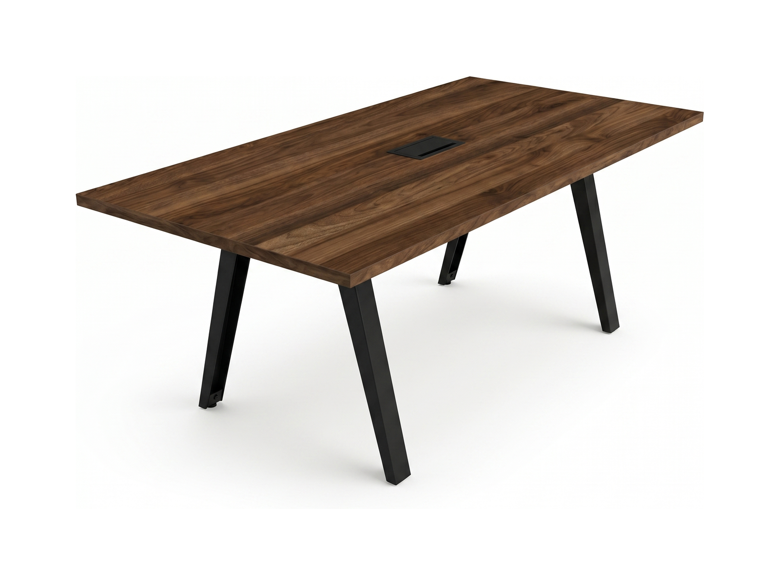 Conference table with metal legs, walnut plank top and black center power hatch