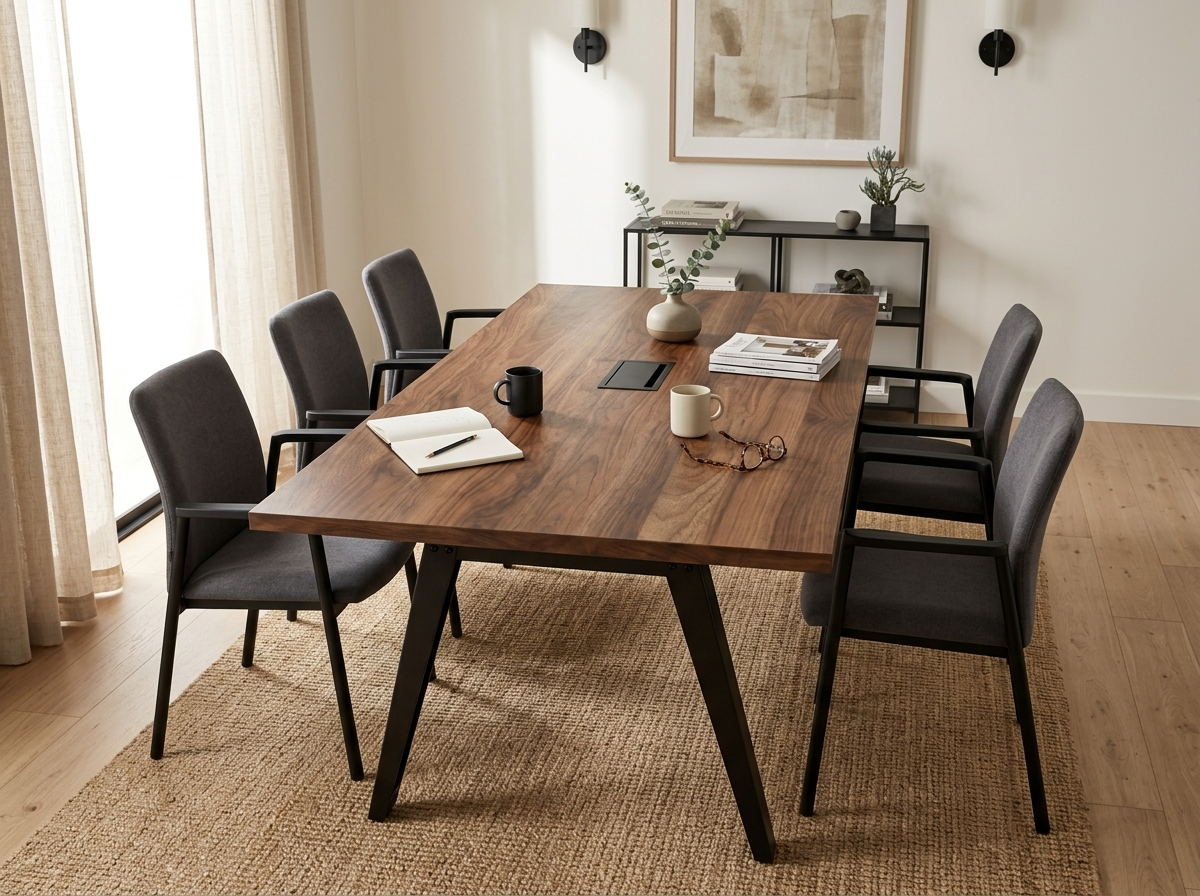 96 inch conference table with black metal legs in a creative agency studio