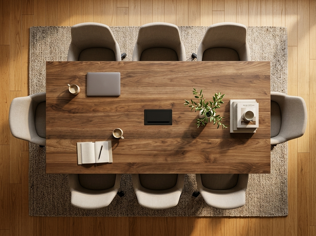Overhead view of an 8 person conference table with metal legs on a wool rug