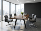 Walnut conference table with black metal legs in a skyline corner boardroom