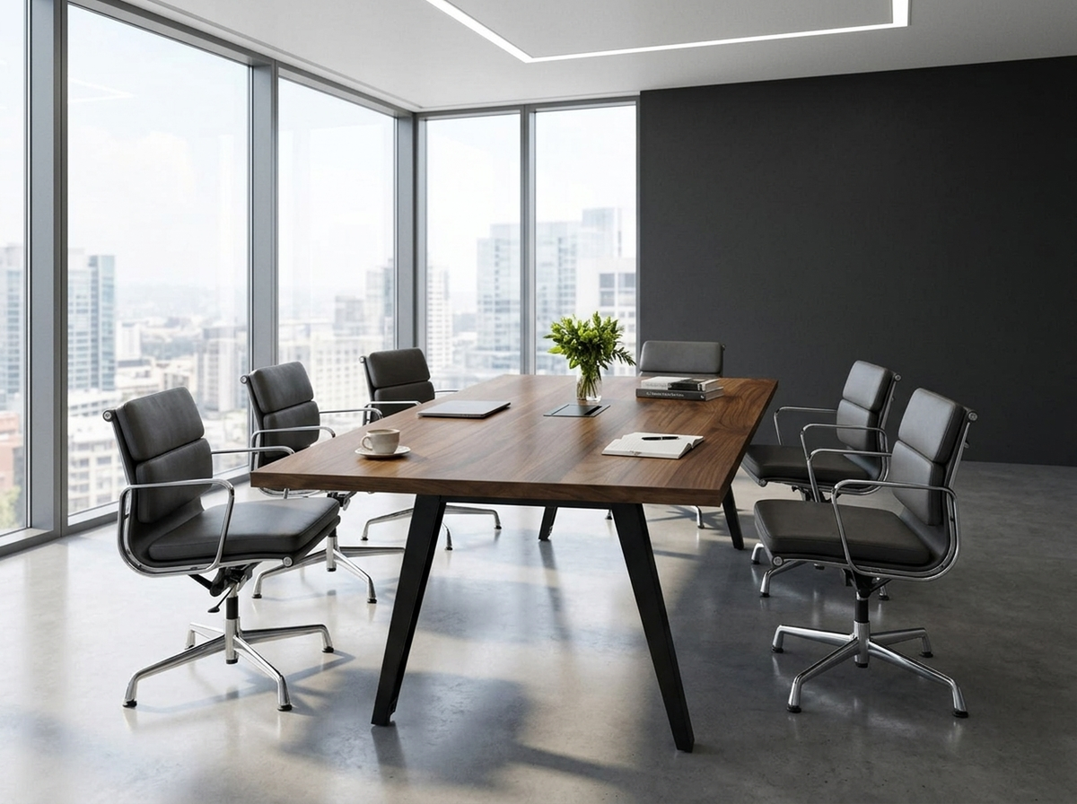 Walnut conference table with black metal legs in a skyline corner boardroom