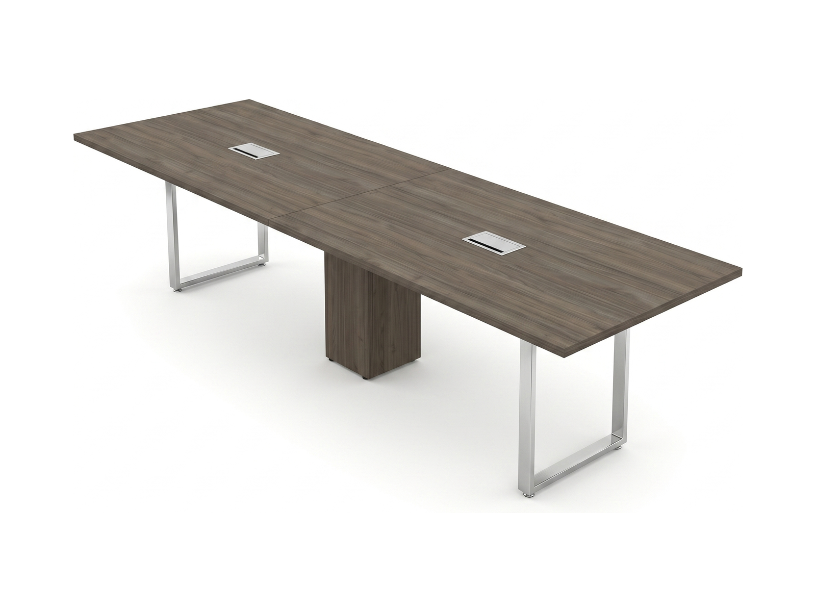 Conference table with power hatches, gray acajou top on chrome loop legs and cube base