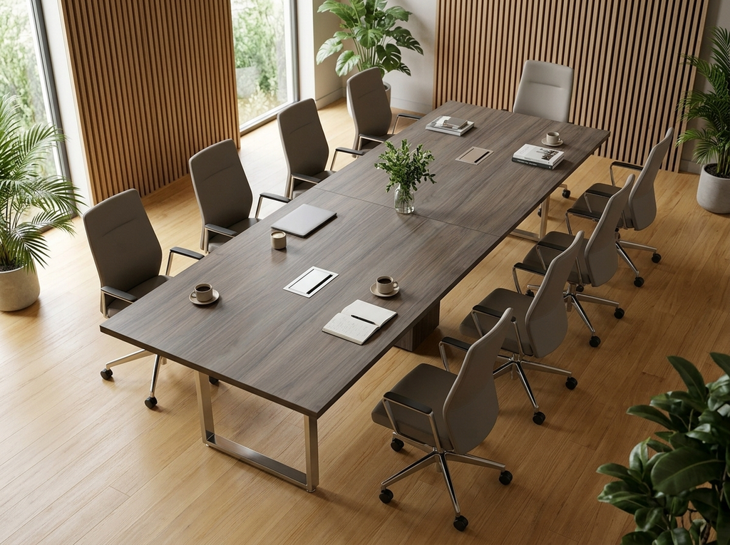 12 person conference table with power grommets in a plant-filled daylit meeting room
