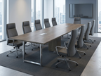 144 inch conference table with power in gray woodgrain on chrome loop legs