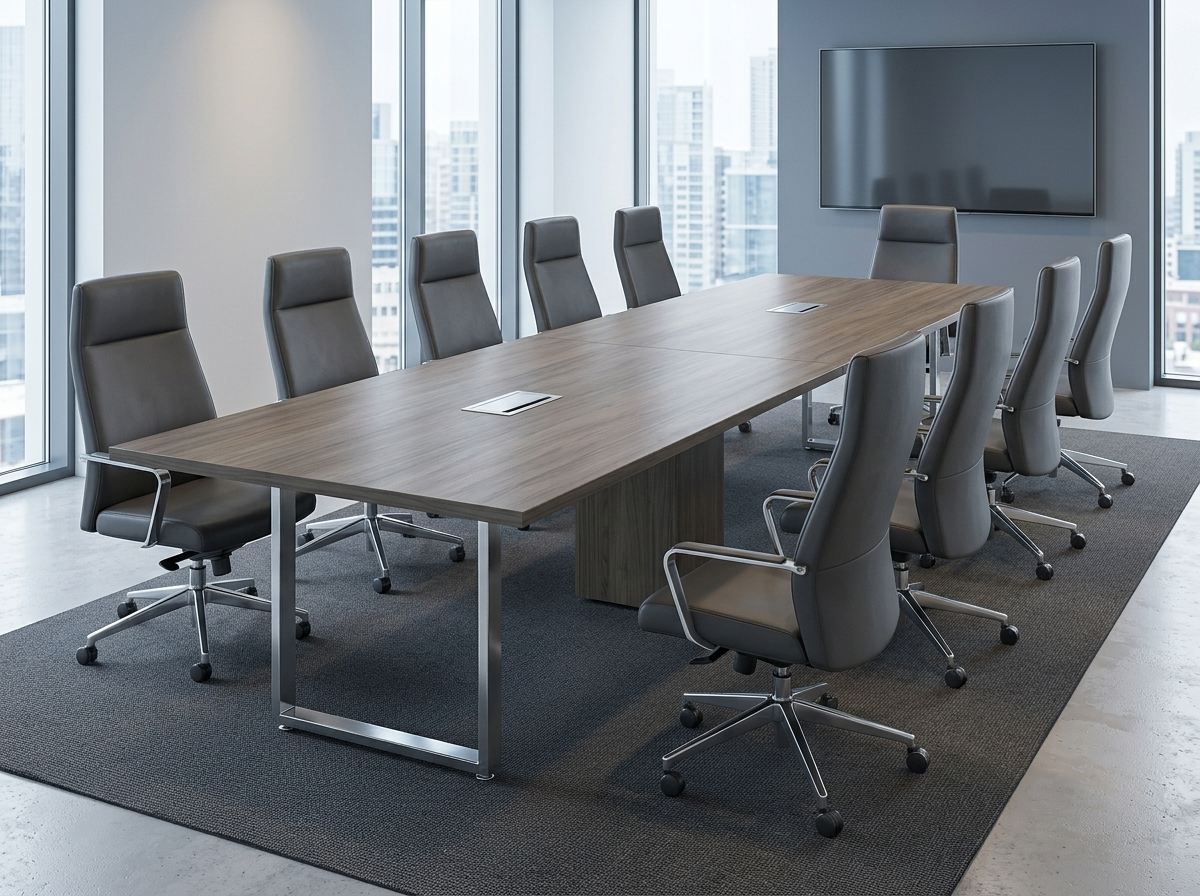 144 inch conference table with power in gray woodgrain on chrome loop legs