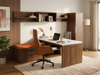 Convergence executive workstation in walnut with white worksurface and open hutch shelving