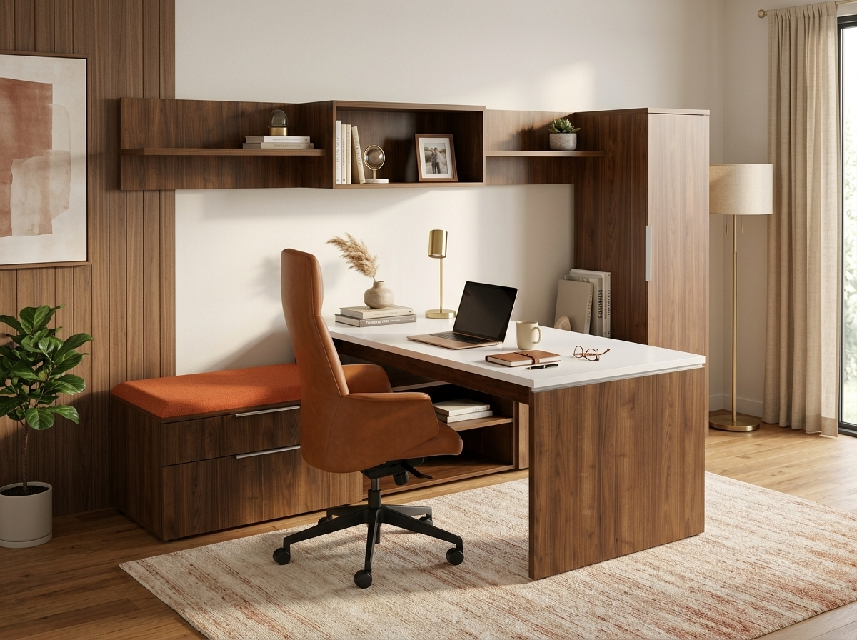 Convergence executive workstation in walnut with white worksurface and open hutch shelving