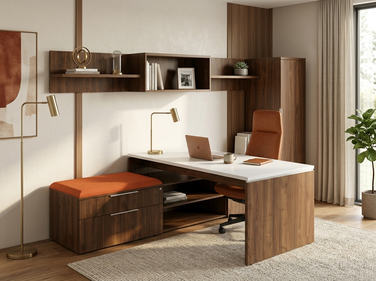 Walnut Convergence executive desk with storage credenza in a warm private office