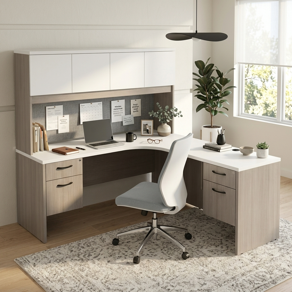 Convergence L-shape executive desk with hutch and tackboard in light woodgrain