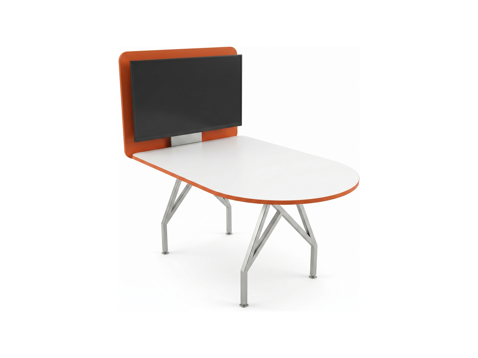 D shaped conference table in white and orange with media wall panel and steel truss legs