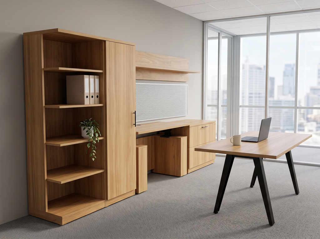 Desk and bookshelf wall unit with a light oak table desk in a corporate office with city windows