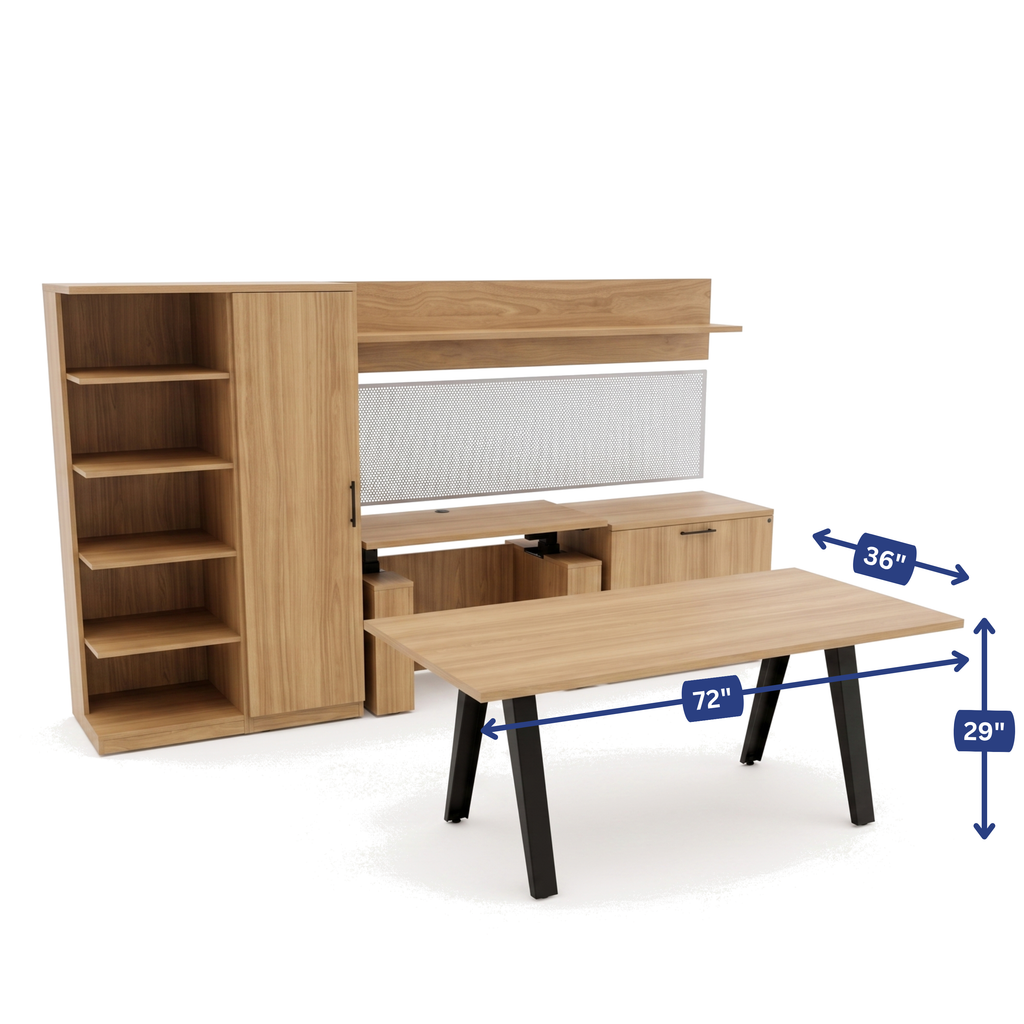 Ascend Executive Workstation Desk with Wall Unit dimension diagram, 72 by 36 by 29 inches