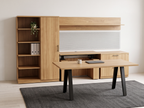 Light oak table desk and wall unit with sit-stand surface, lateral file and shelf on a white wall