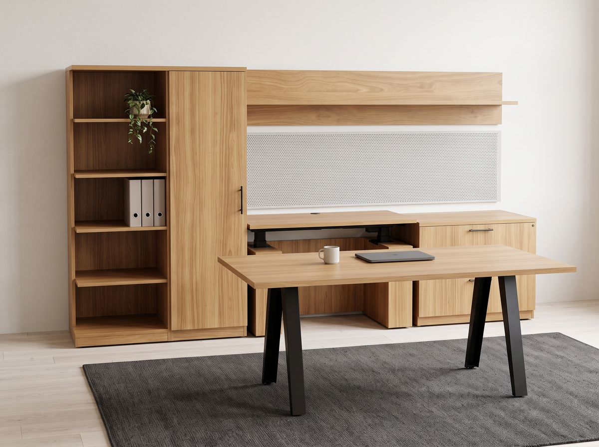 Light oak table desk and wall unit with sit-stand surface, lateral file and shelf on a white wall
