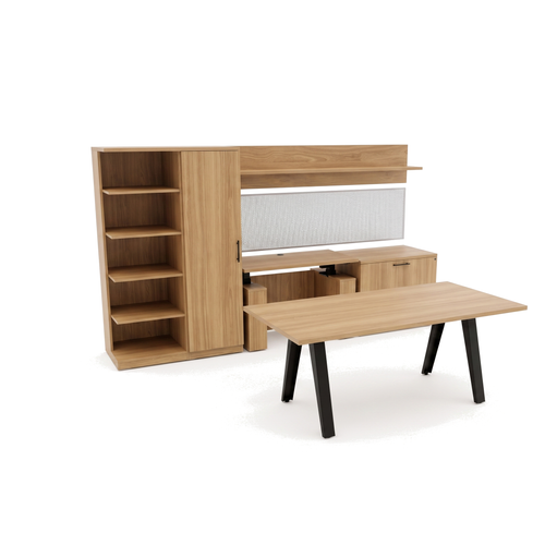 Executive workstation desk in light oak on black splayed legs facing a bookcase wall unit