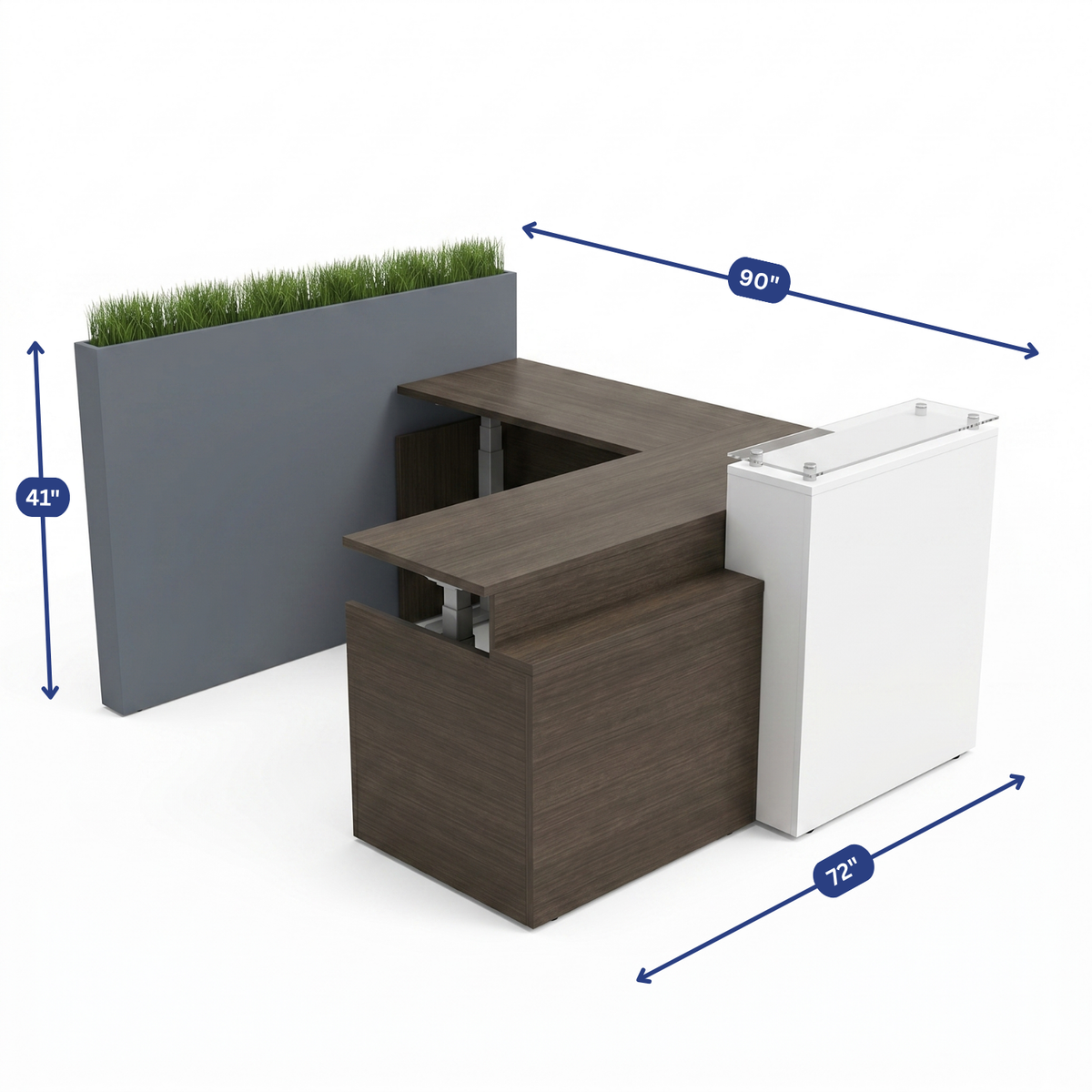 Overture Height-Adjustable L-Shaped Reception Desk dimension diagram, 72 by 90 by 41 inches