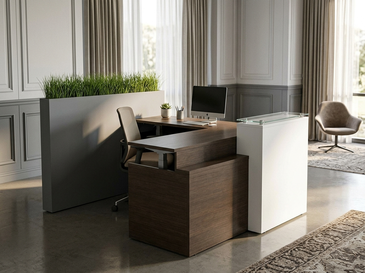 Overture height-adjustable L-shaped reception desk in walnut with white transaction counter