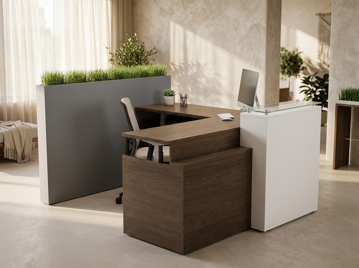 Walnut L-shaped reception desk with planter screen in a salon and spa lobby