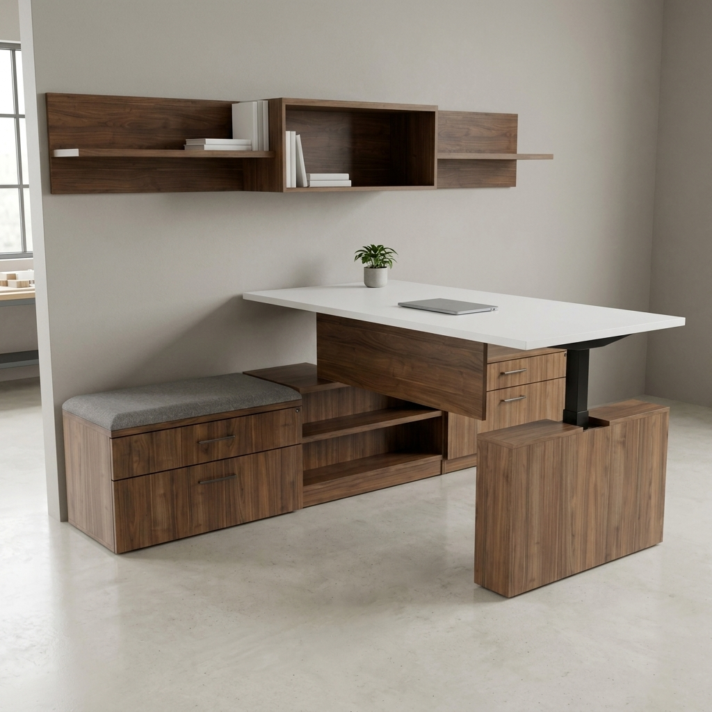 Walnut sit-stand desk on a storage cabinet with a cushioned bench in an architecture studio
